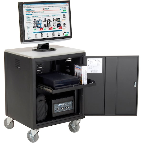 Audio Visual Cart w/ Lockable Cabinet, 500 Lb. Capacity, Black